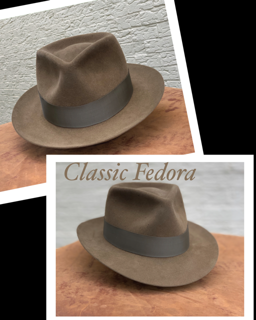“Fedora” in pecan color.  It has a 2 3/3” brim with a 4” crown.